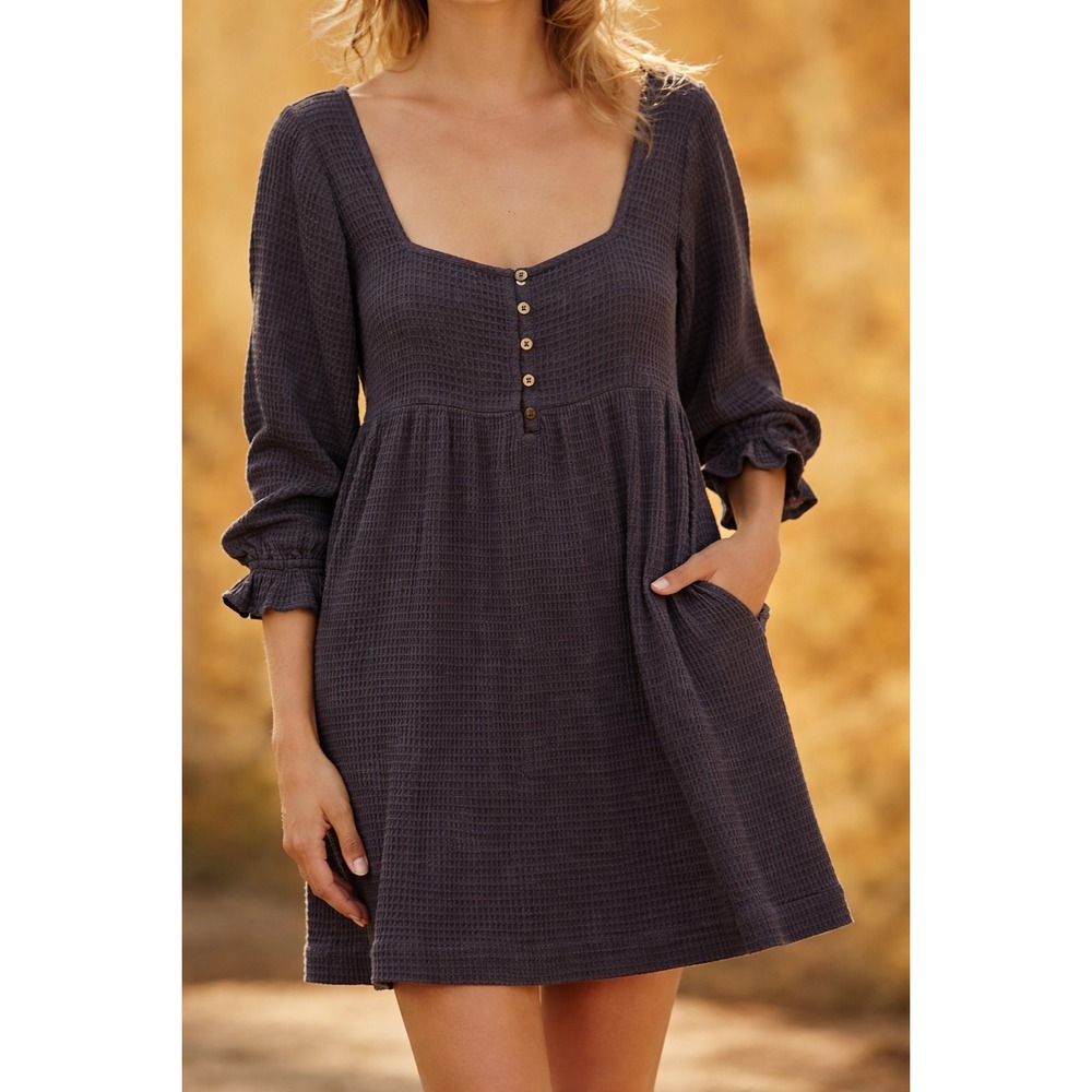 Free People Endless Summer Go To Mini Dress WaffleKnit Babydoll Cozy Cottagecore